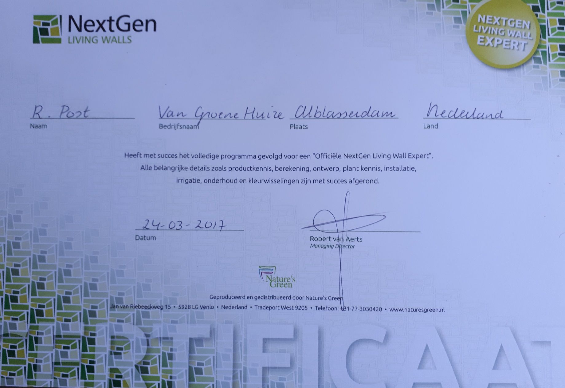 Certificaat plantenwand